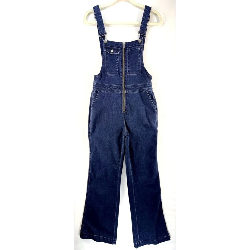 Womens Dark Wash Denim Zip Front Overalls Flare Sz S 70s Retro Festival Tradwife